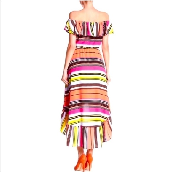 Charles Henry Dress High Low Ruffle Top On/ Off Shoulder Stripe Flounce Bottom - Picture 14 of 14